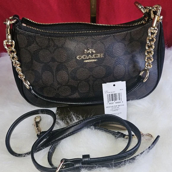 Coach Teri 2 Way Signature Shoulder Bag with Monogram Pattern Dark Brown - Picture 1 of 8